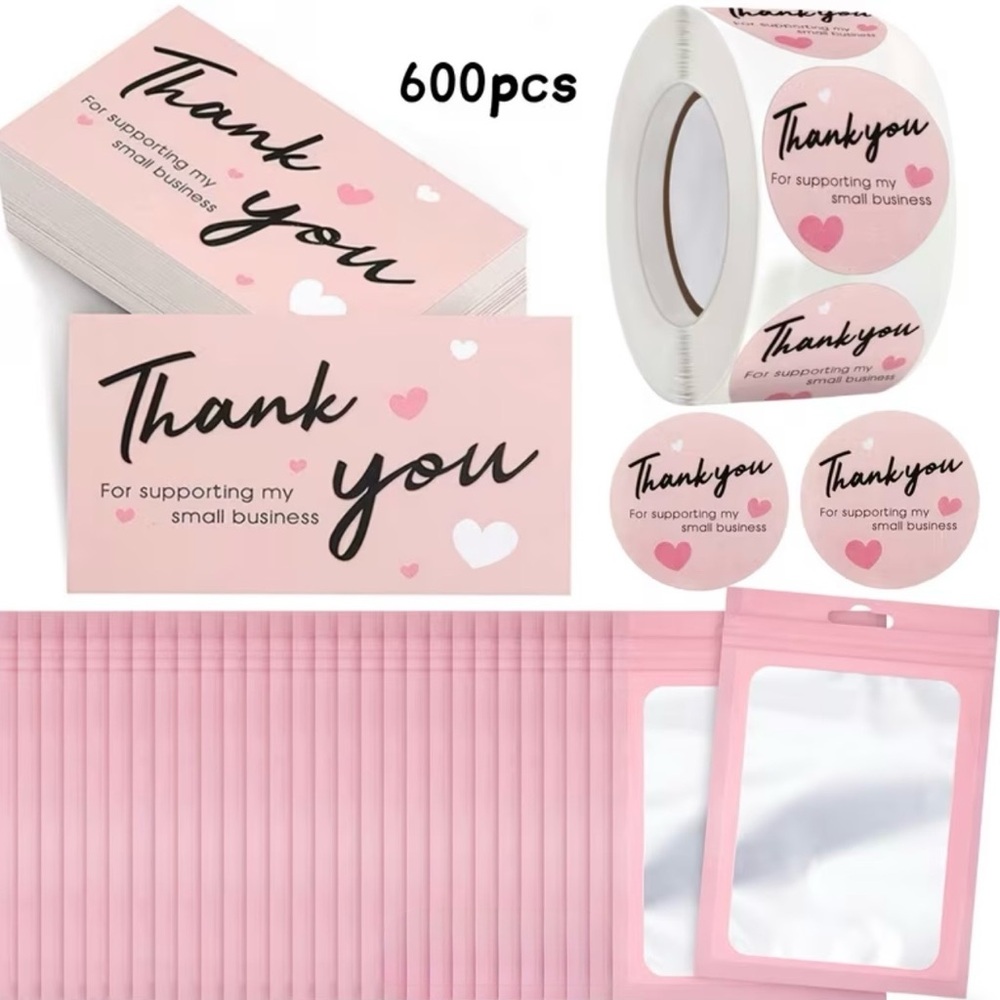 600 pc set Pink Thank You Cards, Stickers & Bags